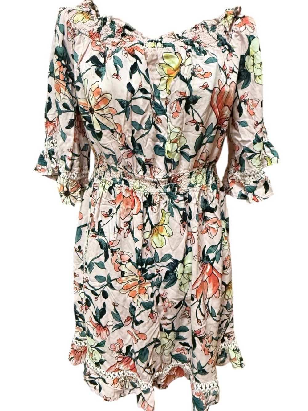 Lulu's Peach Floral Off-Shoulder Smocked Mini Dress Medium